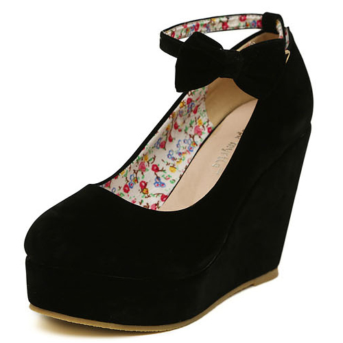 Fashion Round Closed Toe Super High Wedges Black Suede Ankle Strap