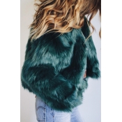 Trendy Round Neck Long Sleeves Fur Design Green Co