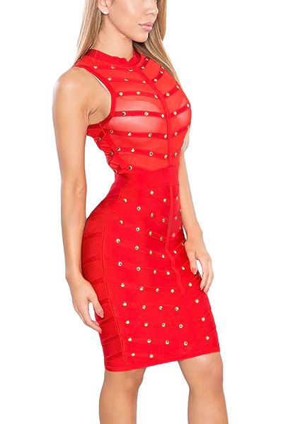 Sexy Sleeveless See-Through Rivet Decoration Red H