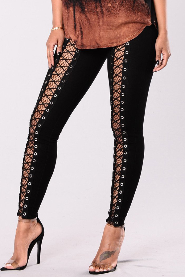 Sexy Elastic Waist Lace-up Hollow-out Black Polyester PantsLW | Fashion ...