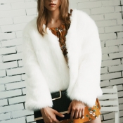 Trendy V Neck Long Sleeves Fur Design White Short 