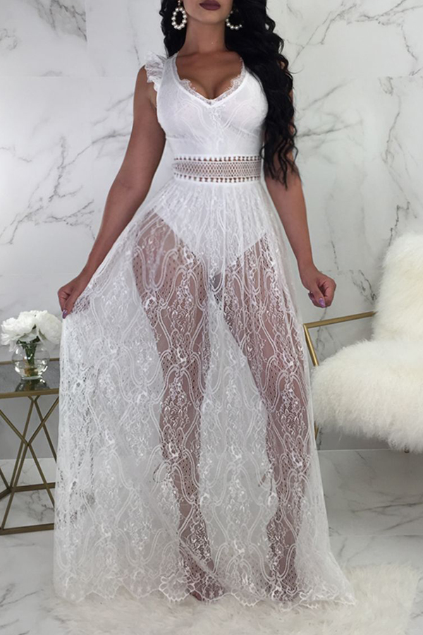 Lovely Sexy V Neck See Through Backless White Lace Floor Length Dresslw Fashion Online For 