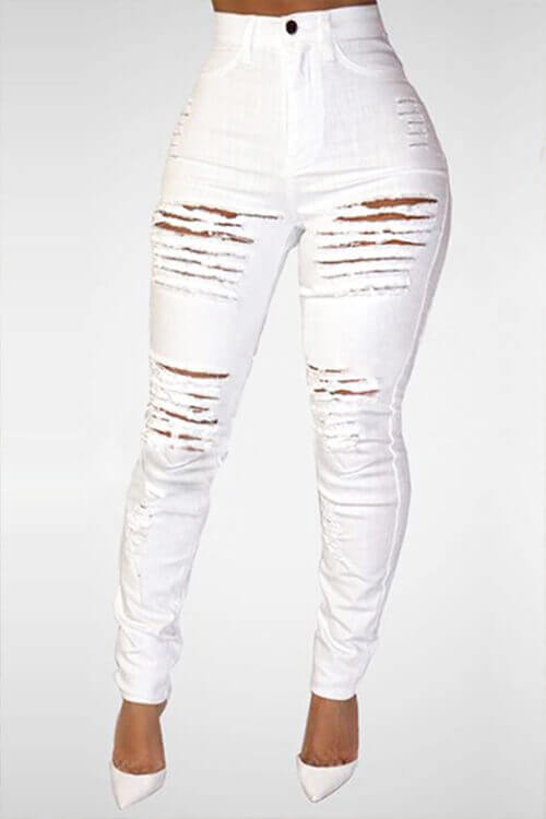 Lovely Trendy High Waist Broken Holes White Denim Skinny JeansLW ...