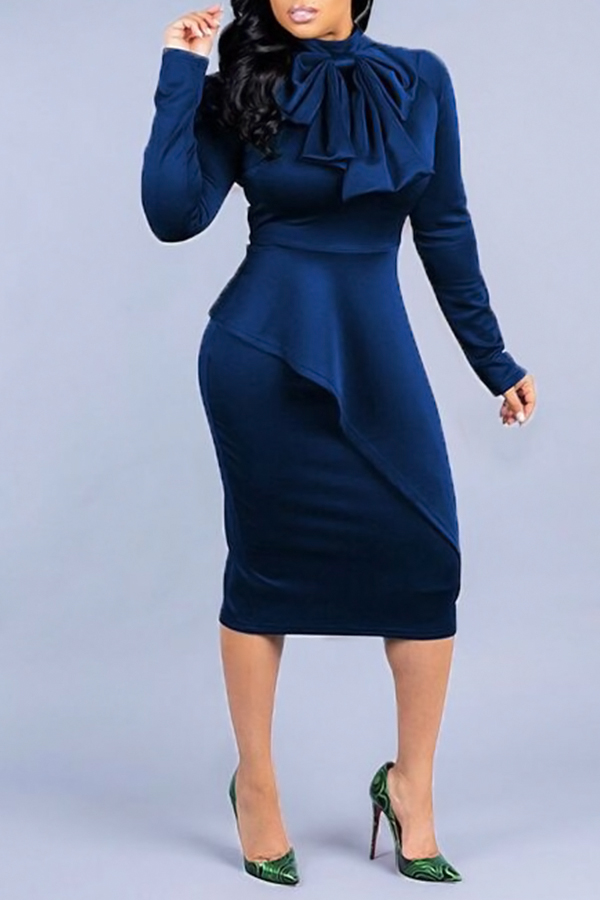Lovely Elegant Long Sleeves Deep Blue Mid Calf DressLW | Fashion Online ...