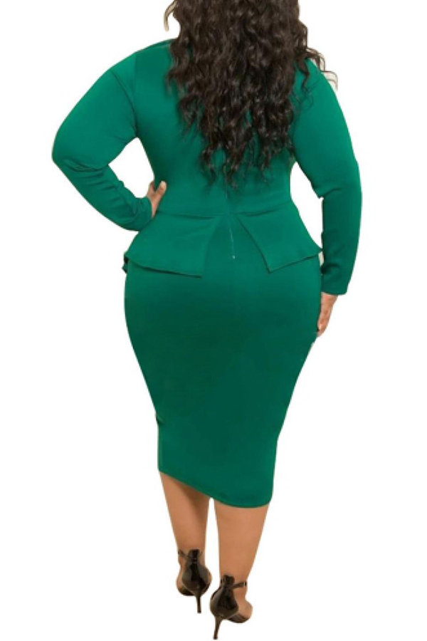 Lovely Trendy Flounce Design Deep Green Knee Length Plus Size DressLW ...