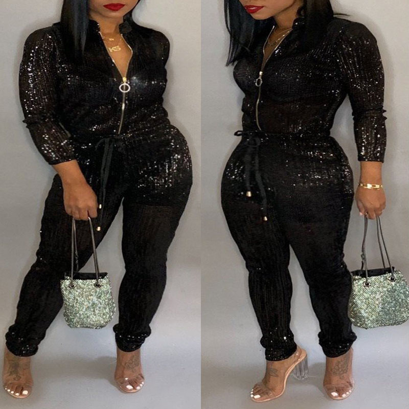 Lovely Stylish Sequined Black Plus Size One-piece JumpsuitLW | Fashion ...