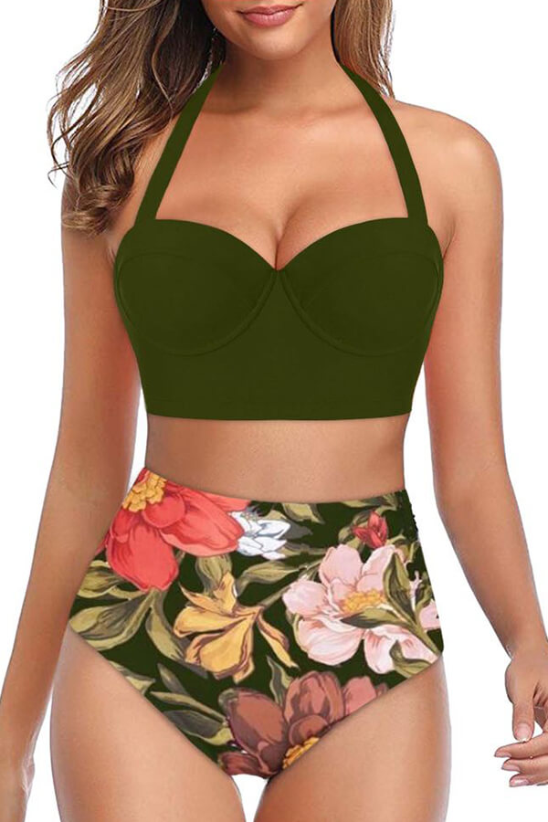 Lovely Print Army Green Bathing Suit Twopiece SwimsuitLW Fashion