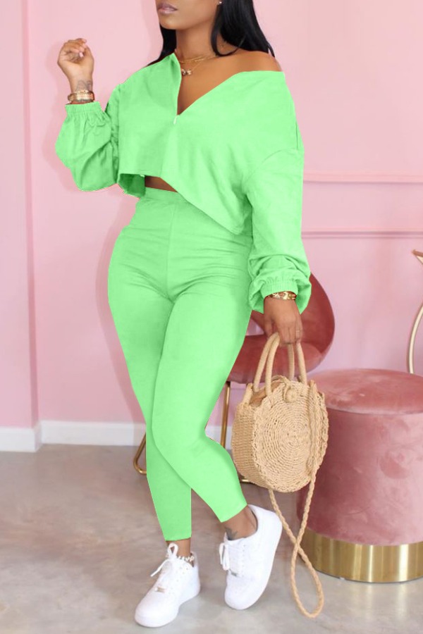 Lovely Casual Zipper Design Green Two Piece Pants Setlw Fashion