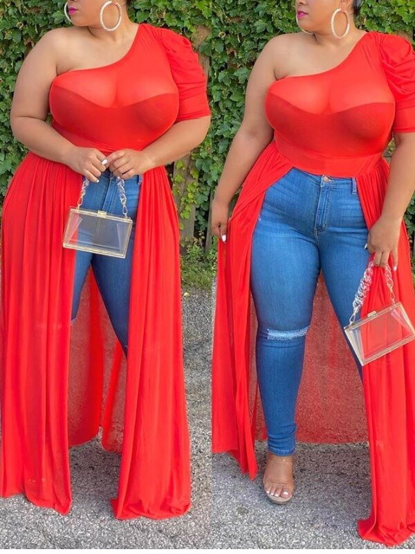 lovely Stylish One Shoulder Asymmetrical Red Plus Size BlouseLW