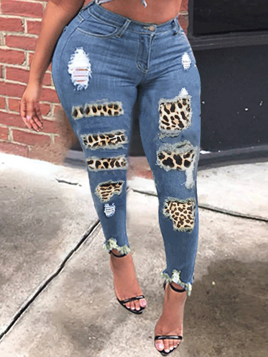 Leopard Print Patchwork Blue Jeans 