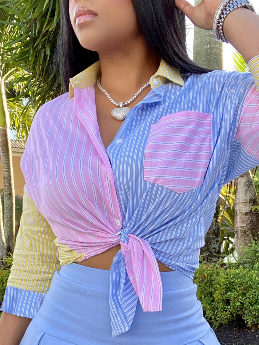 LW Sweet Striped Pleated Patchwork Baby Blue Two Piece Skirt Set Sale